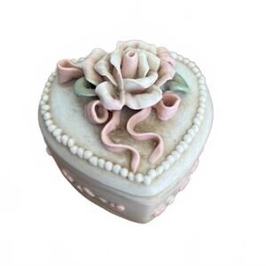 Valentine's Heart-Shaped Ceramic Jewelry Box W/Floral Detail